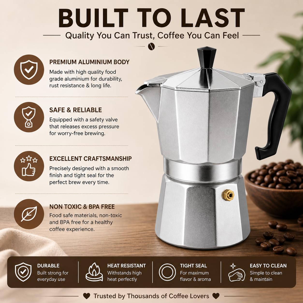 AAshonee Aluminium Italian Style Stovetop Coffee Maker Moka Pot, 6 Cups Espresso Percolator, 300ml (Silver) 3