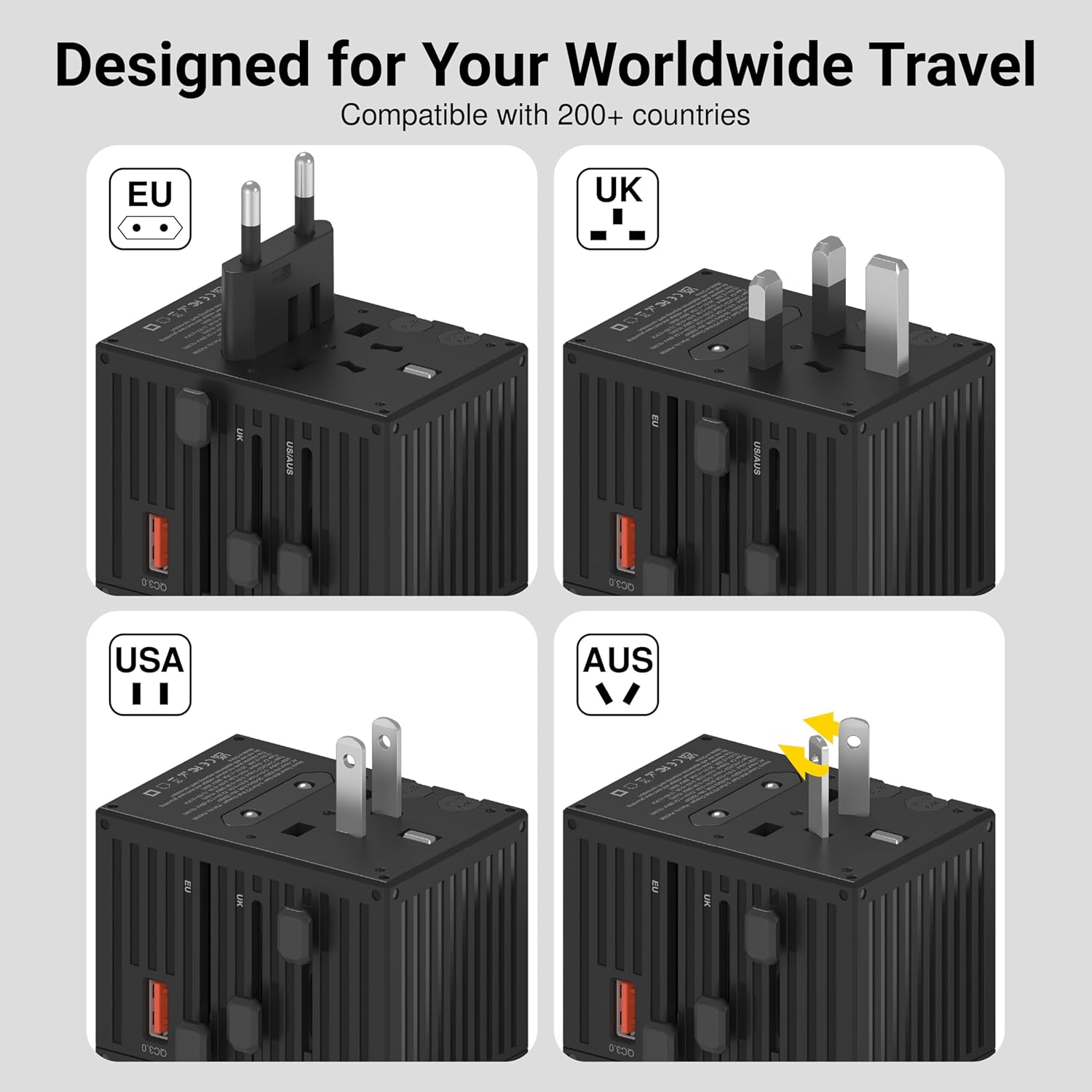 EZQuest WorldTravel 35W GaN 5-Port Wall Charger - Compact Universal Travel Adapter with 4 Plug Types (US/UK/EU/AU) for 200+ Countries - 4X USB-C & 1x USB-A Ports, PD Fast Charging - Black