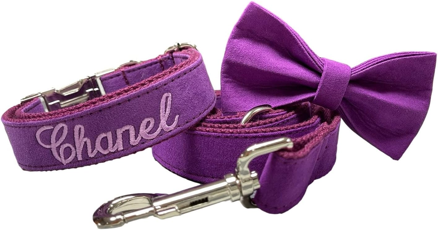 Personalized Purple Pet Dog Collar and Leash and Bowtie Set Gift, Custom Embroidered Dog Puppy Collar, Small-Medium-Large and X-Large Dogs (Large 1 x 13¼ - 21¾, Purple)
