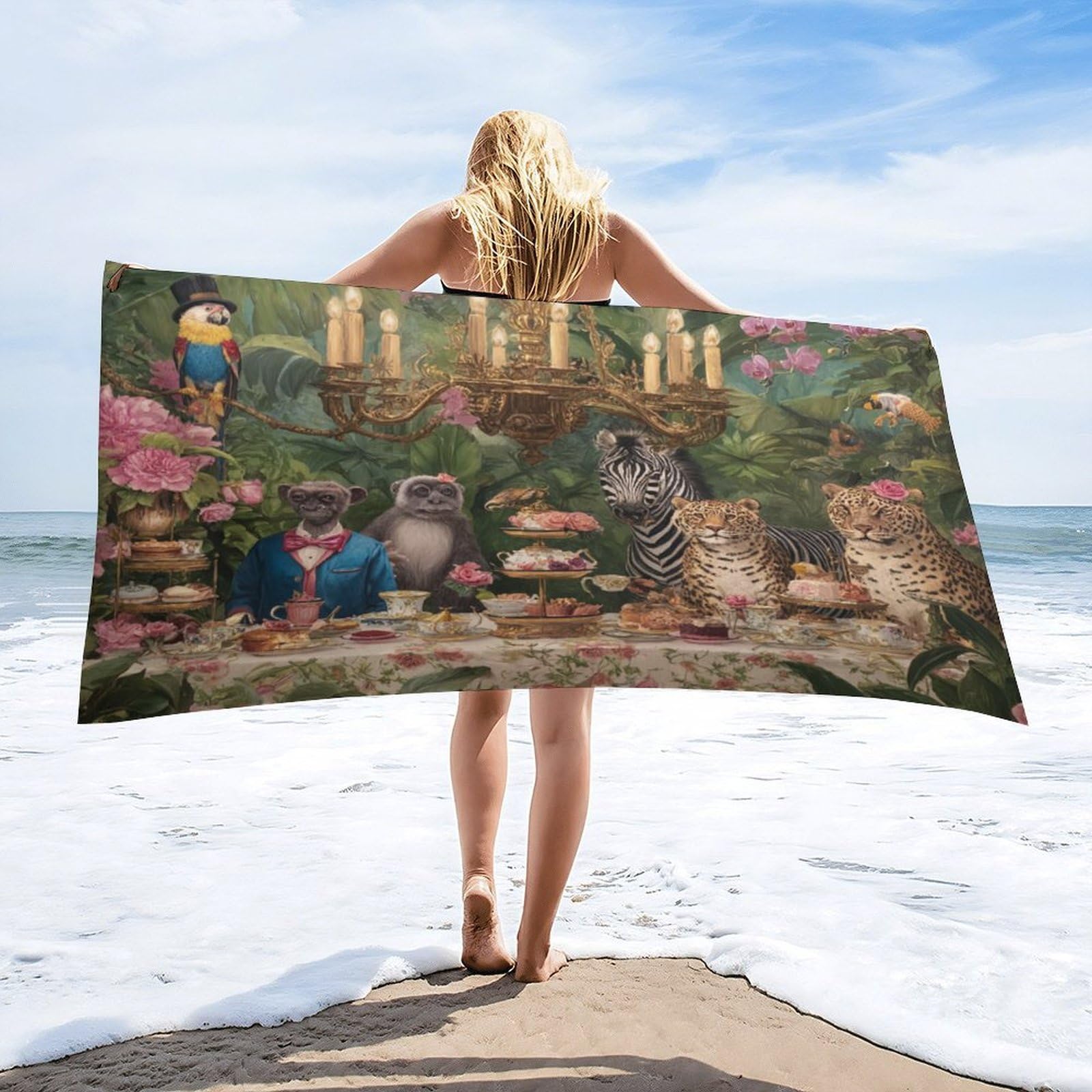 LUYYSKY Fantasy Realistic Zebra Parrot Absorbent Beach Towel, Rustic Oil Painting Tropical Rainforest Animal Leopard Monkey Palm Lea Outdoor Single-Sided Velvet Beach Towel-80 W cm x 160" L cm