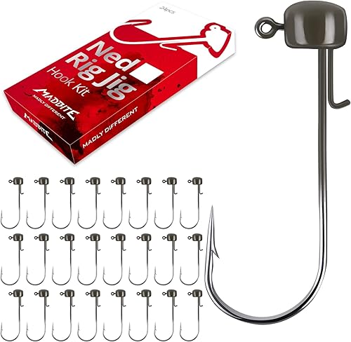 MadBite by KastKing Ned Rig Jig Heads for Soft Fishing Lures, 24-Pack Finesse Standard Mushroom Stand-up Ned Heads Kit, Needle Point Saltwater &