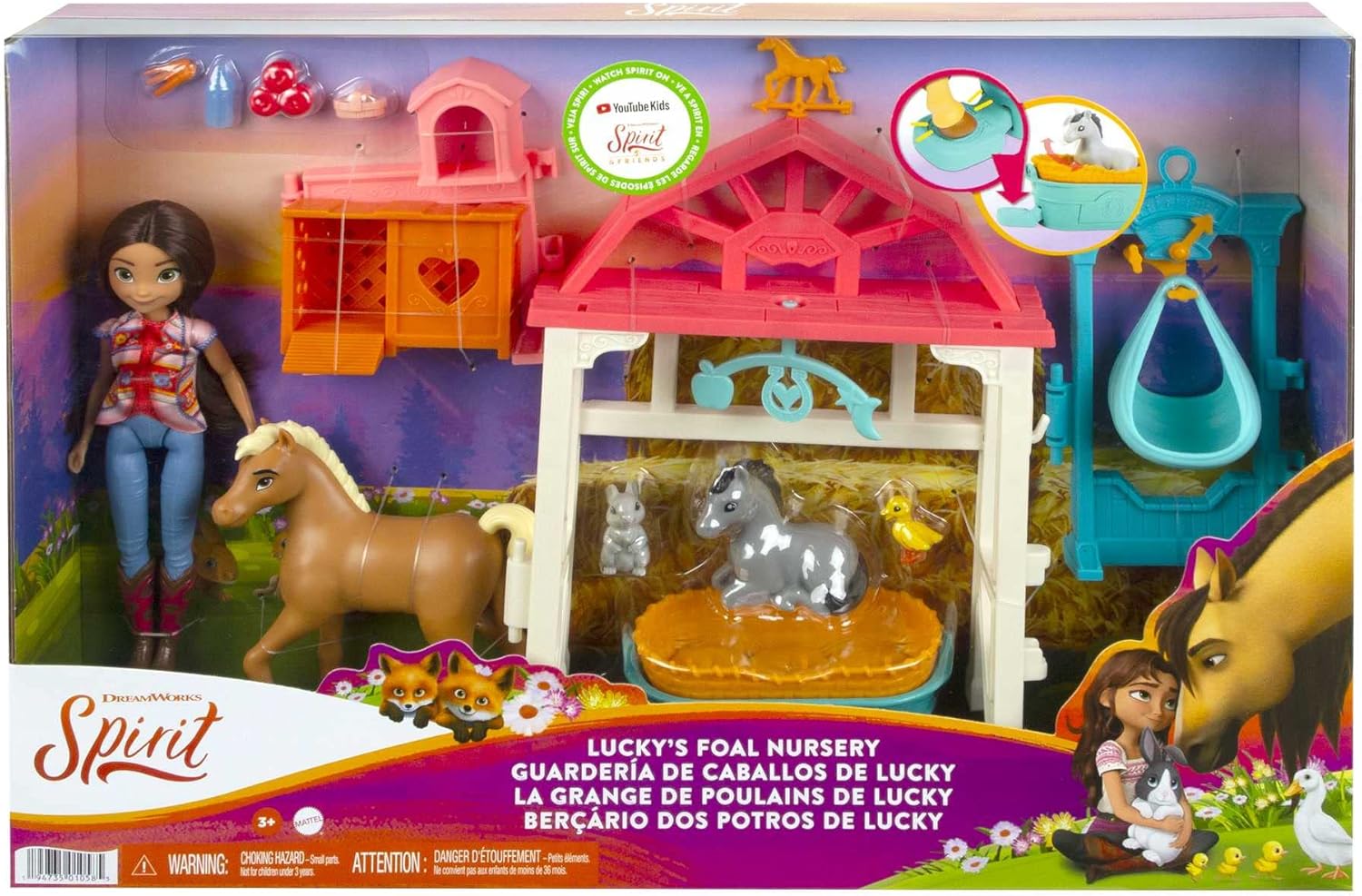 Mattel Spirit Doll & Playset, Lucky’s Foal Nursery with Lucky Doll (7-inch), 4 Animal Figures, Caretaking Area & Accessories Including Scale, Mobile & Hoof-Activated Cradle