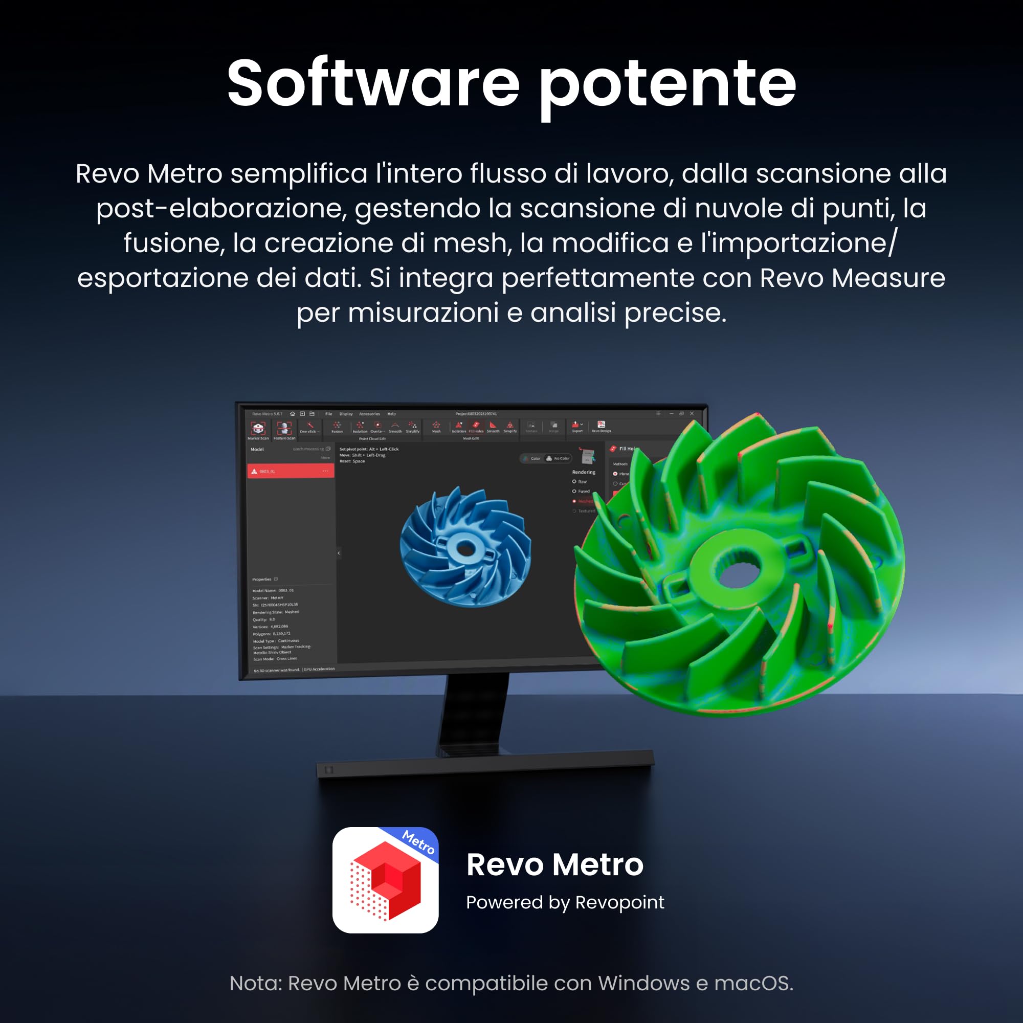 Revopoint Scanner 3D MetroX Pro per la stampa 3D, precisione industriale 0,01 mm, 4 modi di scansione, schermo condiviso, a colori, per progetto e modelli digitali, STANDARD