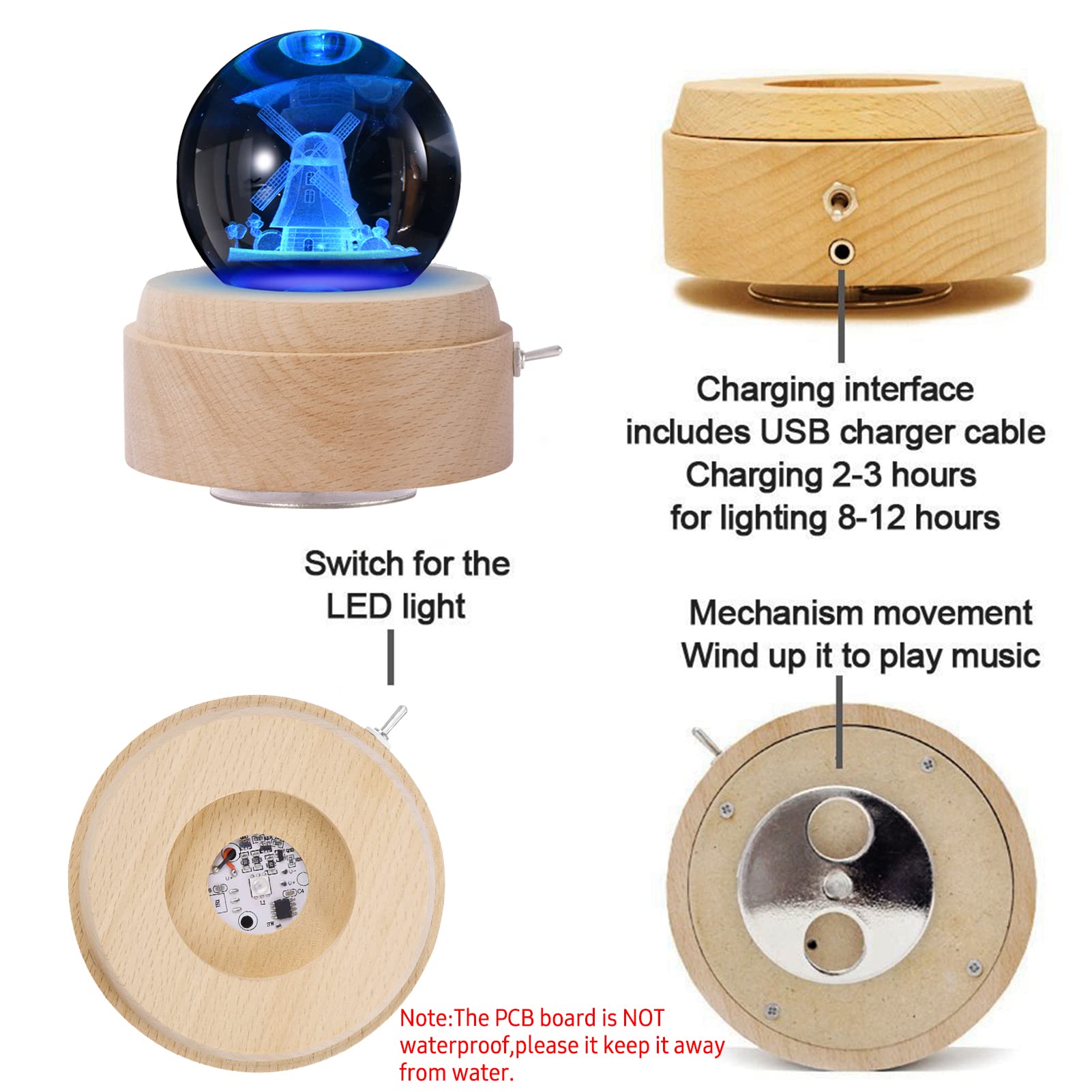 Carillon musicale in cristallo rotante con luce LED luminosa base in legno Windup musicale notte decorazione regalo per compleanno, San Valentino, Capodanno