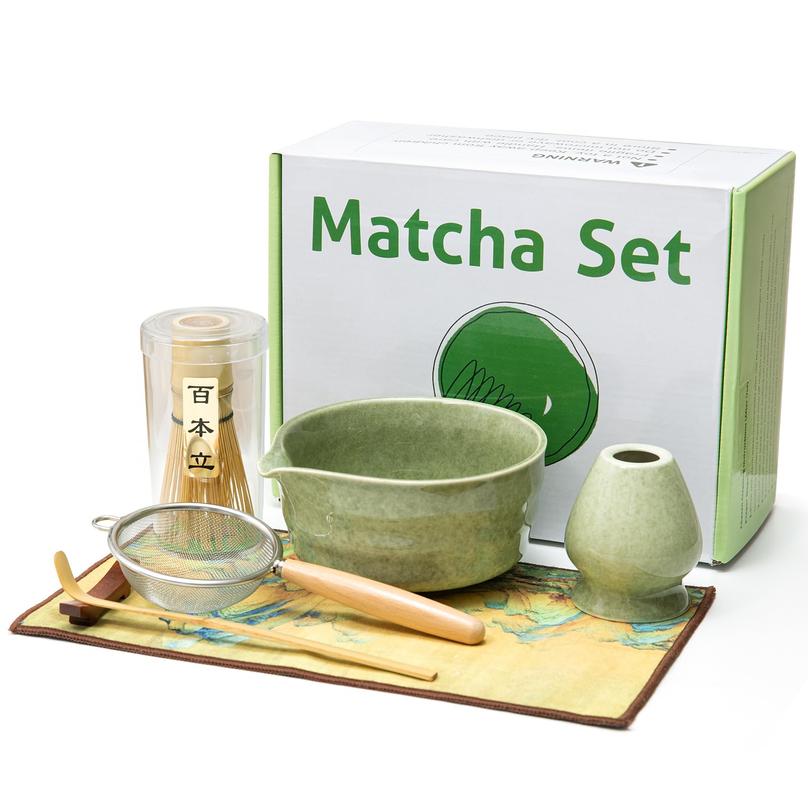 Set di Fruste per Matcha, Set da Tè Matcha da 7 Pezzi con Frusta in Bambù Ciotola in Ceramica Cucchiaio e Supporto Kit di Partenza Tradizionale per la Cerimonia del Tè (Verde)