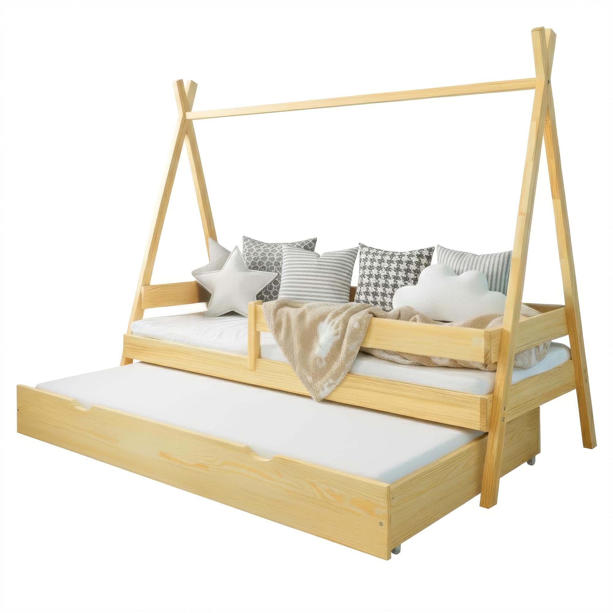 Łóżko dziecięce Tipi 80x160 cm - łóżko z drewna sosnowego z wysuwanym łóżkiem i barierką ochronną - łóżko domek dla dziewczynek i chłopców - zaokrąglone krawędzie