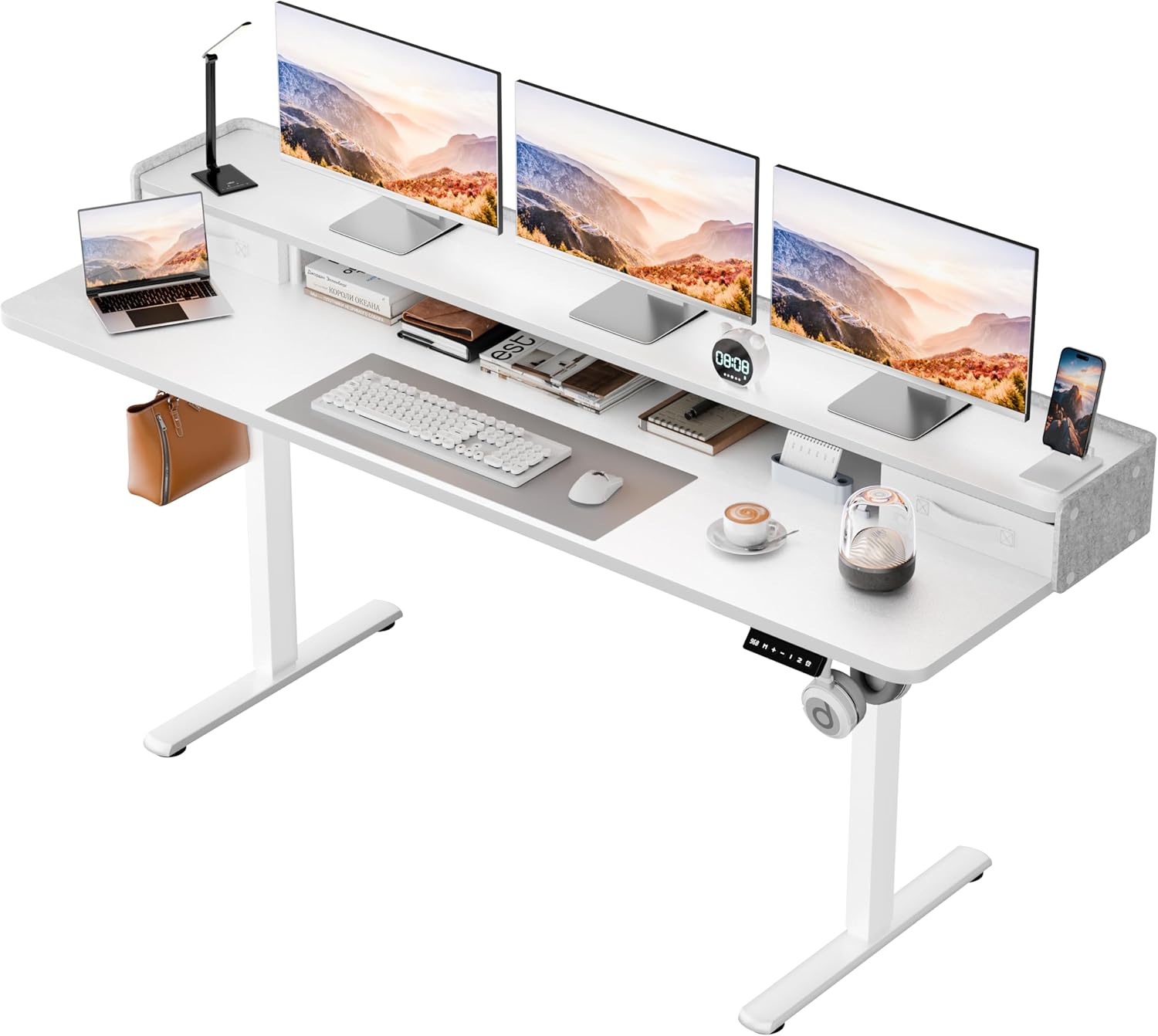 Homall Electric Standing Desk with 2 Drawers, Adjustable Height Computer Desk with Monitor Shelf Sit Stand Table with Splice Board Quick Install for Home Office (White, 63 Inch)