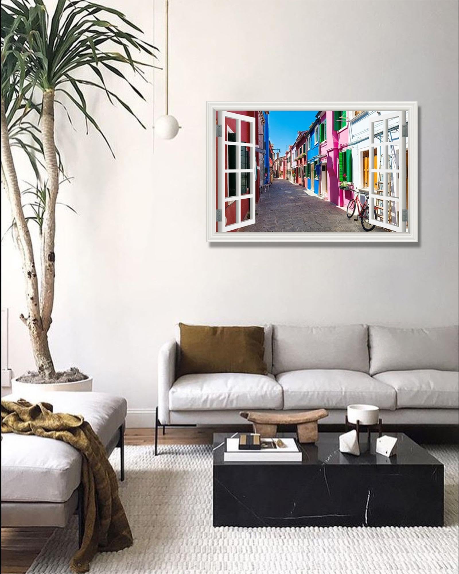Wydruk na płótnie sztuka ścienna okno. Fałszywy widok na okno. Obraz natury wydruk na płótnie. Sztuka ścienna do salonu (piękny widok ulicy 28) 30 x 45 cm - 11,8 x 17,7 cala Rama wewnętrzna