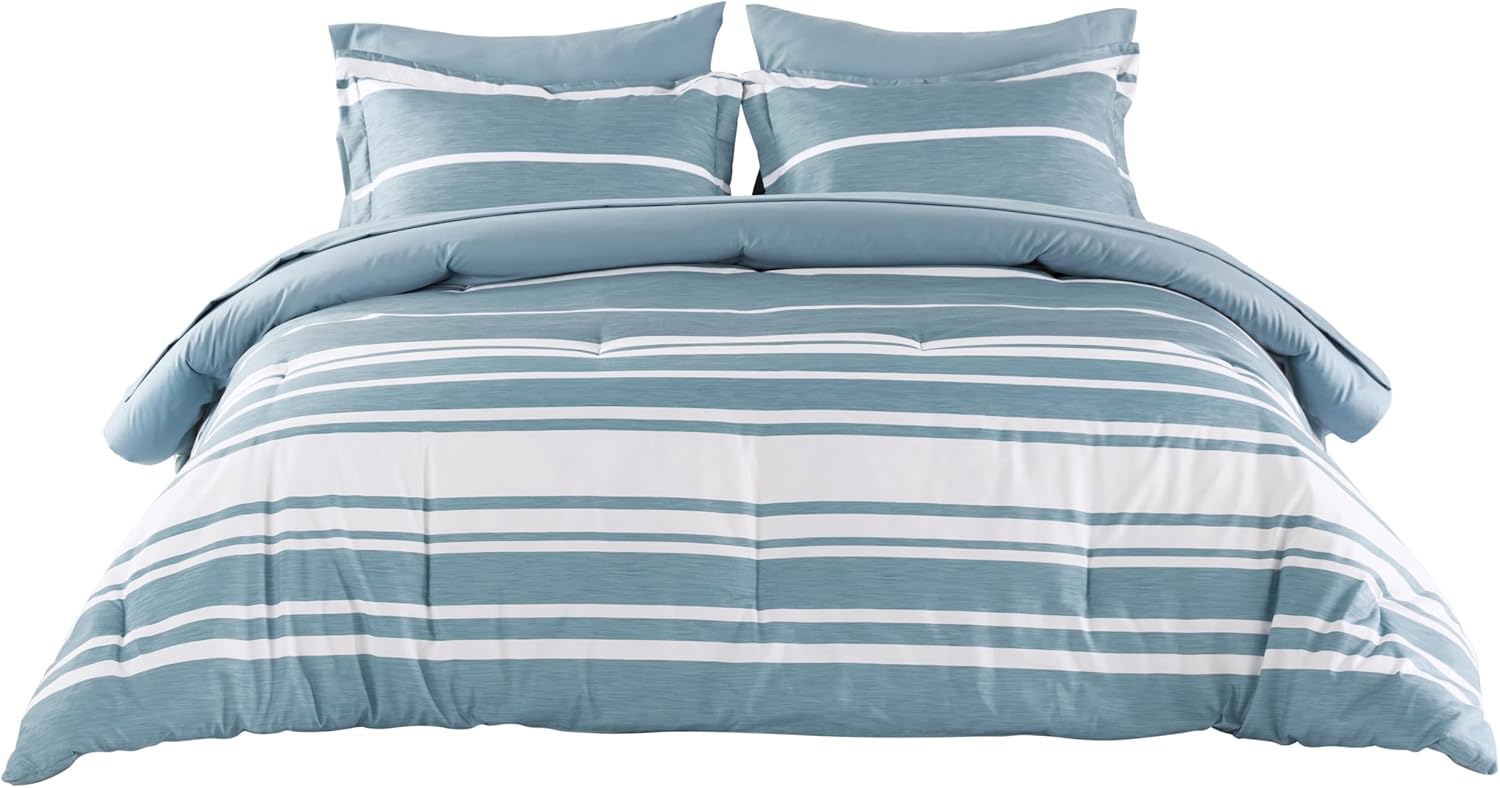 Bedsure Queen Comforter Set 7 Pieces, Grey Blue Striped Bedding Set for All Seasons, Reversible, Cationic Dyeing Bed in a Bag with Comforter, Sheets, Pillowcases & Shams - Image 7