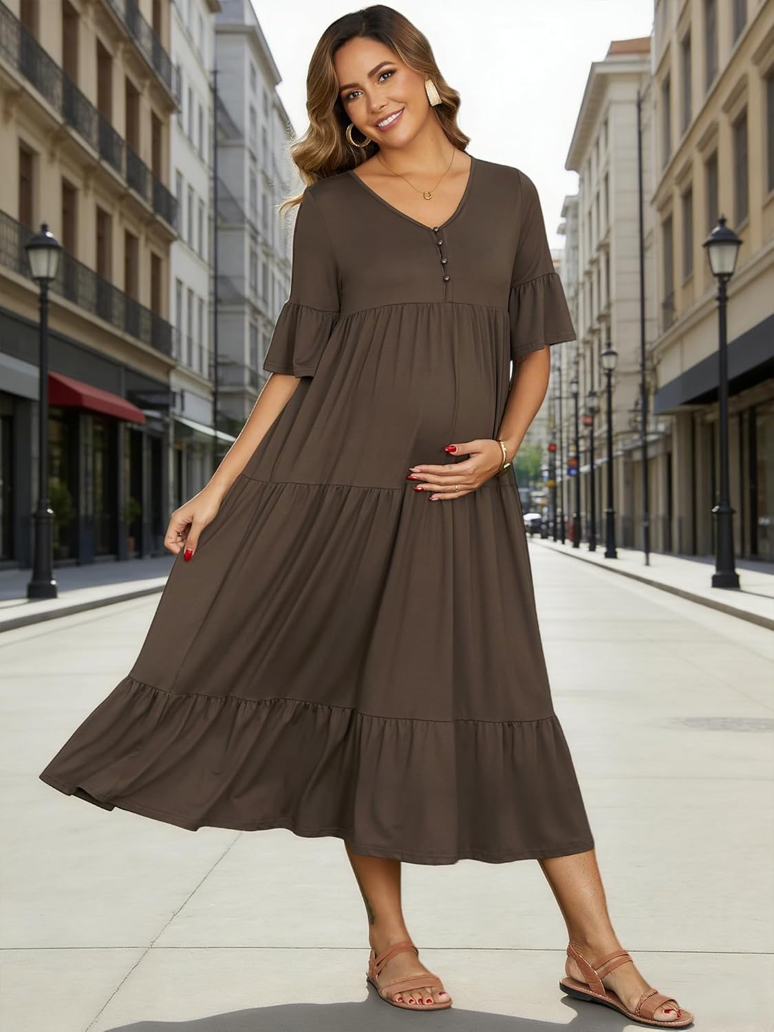 Maternity Maxi Dress Short Sleeves Ruffled Sleeve Baby Shower Pregnancy Dresses Photoshoot Flowy Casual 2026 - Image 2
