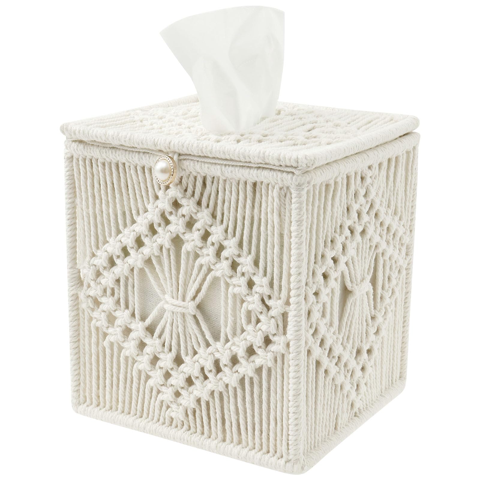 Lulobtg White Tissue Box Cover, Boho Paper Tissue Holder With Bead Buckle Ornament, Woven Cube Box, Decorative Macrame Napkin Facial Paper Organizer For Bathroom, Bedroom & Office Decor