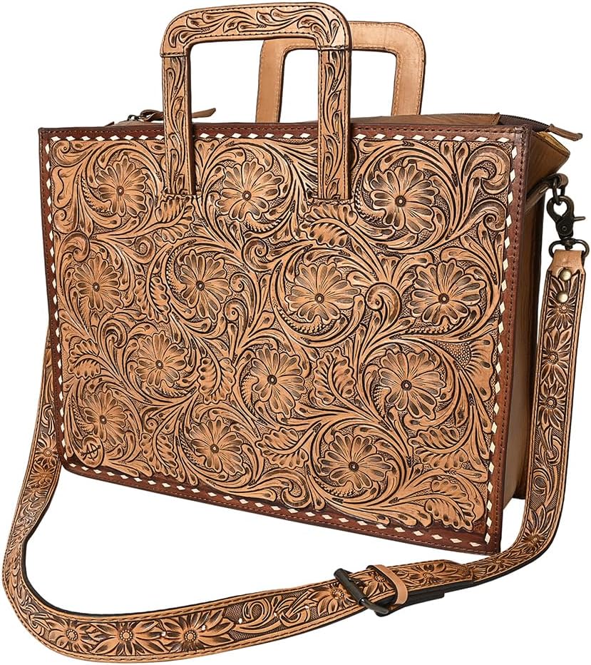American Darling Western Laptop Briefcase Tote Handcrafted from Hand Tooled Genuine Leather | Floral Carved & Multi-Pocket Work Bag