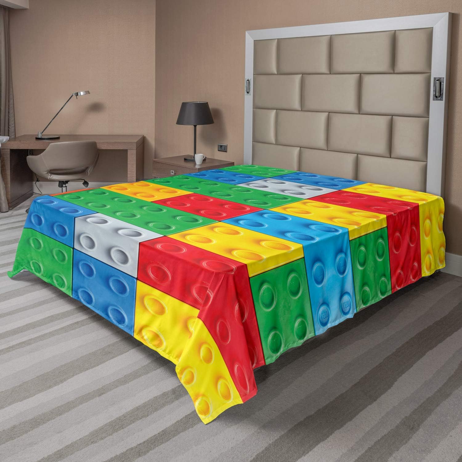 Ambesonne Cartoon Flat Sheet, Colorful Building Blocks Print Funny Vivid Playtime Themed, Soft Comfortable Top Sheet Decorative Bedding 1 Piece, Full Size, Green and Blue