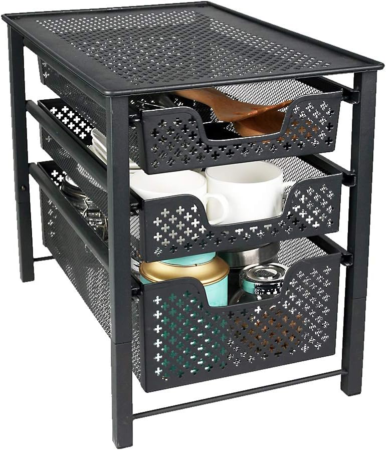 Stackable 3 Tier Organizer Baskets with Mesh Sliding Drawers, Ideal Cabinet, Countertop, Pantry, Under the Sink, and Desktop Organizer for Bathroom,Kitchen, Office.