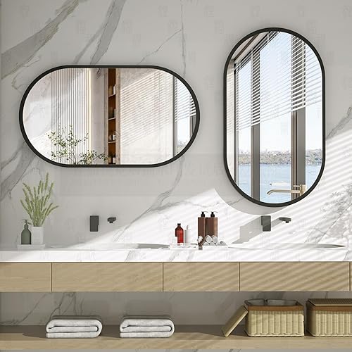 Miniatura 4 de Espejo ovalado negro de 24 x 36 pulgadas, espejo de tocador de baño, con marco de metal, espejo en forma de píldora, moderno horizontal o vertical,