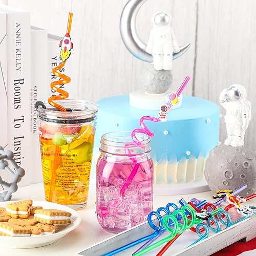 Miniatura 5 de Skyley 24 popotes del espacio exterior, reutilizables, sistema solar, cohete de plástico, astronauta, satélite, planeta, suministros de fiesta,