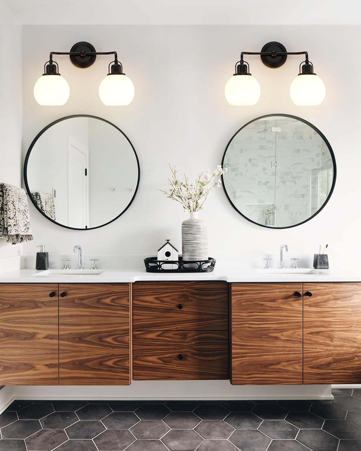 16" Bathroom Vanity Light, 2-Light Black Vanity Lighting Fixture Over Mirror,Modern Wall Mount with Milk White Globe Glass Shade for Bathroom,Dressing Room.16 L x 6.75" W x 10.5" H .BD045-2-BK