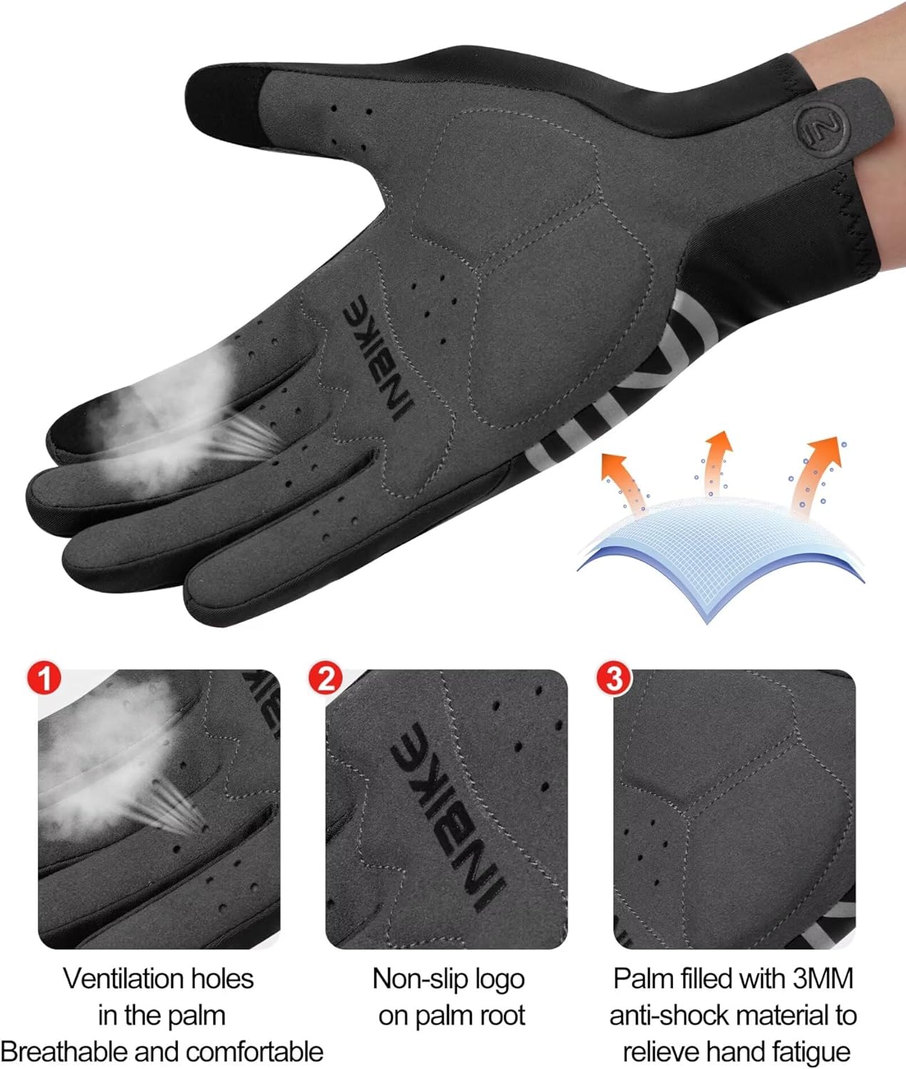 INBIKE Breathable Bike Gloves for Men Women, Full Finger Pad Cycling Gloves, Touchscreen Reflective Mountain Biking Bicycle - Image 4