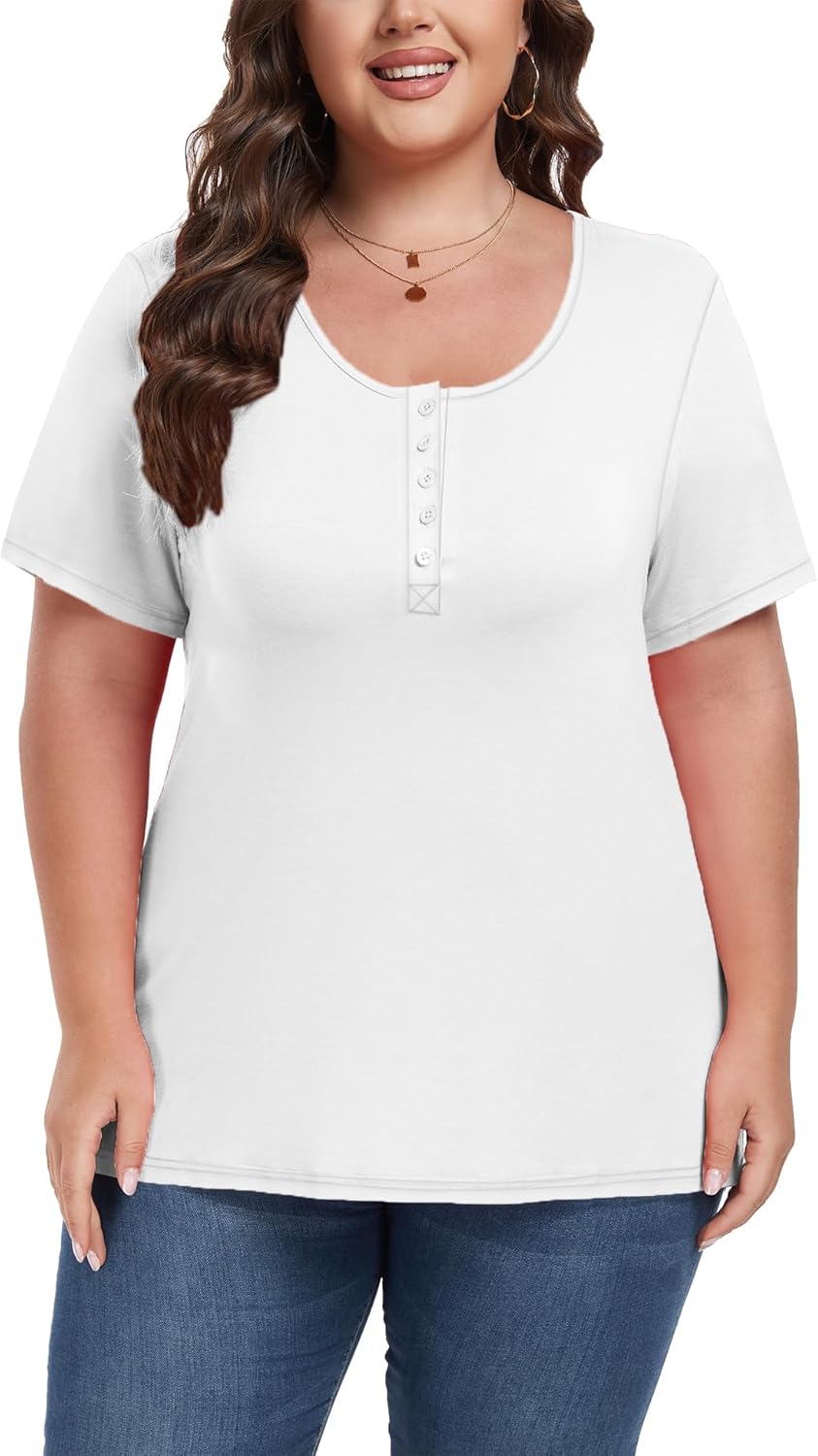 Women's Plus Size Shirt Short Sleeve Button Round Neck Top Basic Ladies Loose Fit T Shirt - Image 6