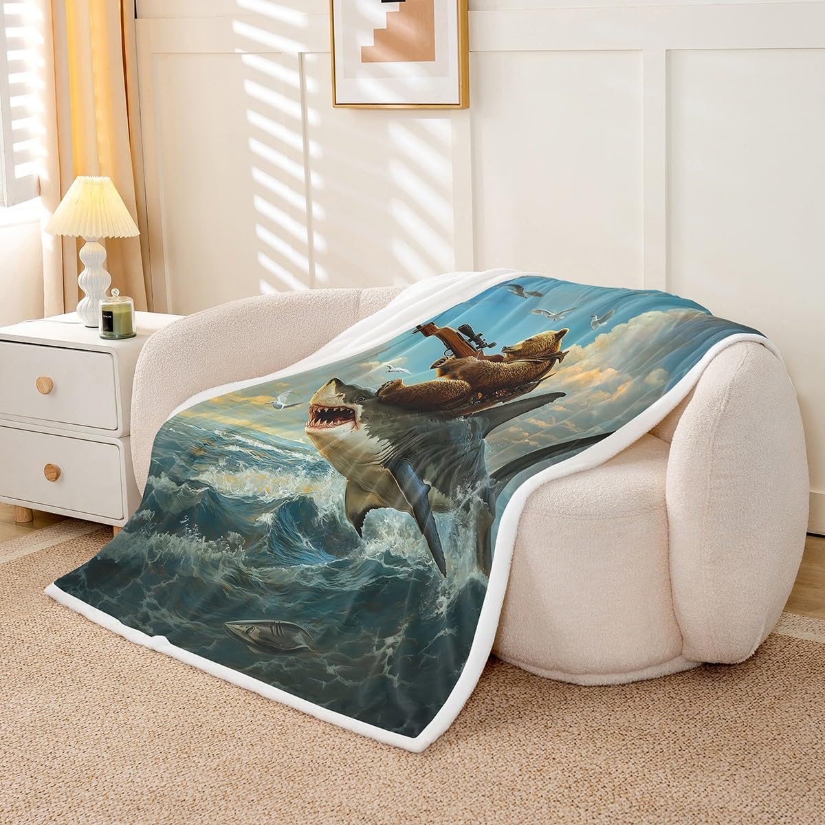 Castle Fairy Shark Fish Blanket Twin 60x80 Hunting Bear Wildlife Blanket for Kids Teens Boys Girls Funny Marine Animal Sherpa Blanket Lightweight 3D Ocean Wave Blanket Living Room Decor