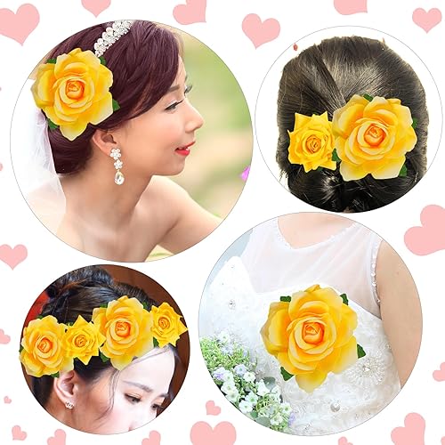 Miniatura 5 de Pinza para el pelo de rosa, broche de rosa, 4 piezas de tela, pinzas para el cabello mexicano, tocados para mujeres, niñas, bodas, fiestas, día de