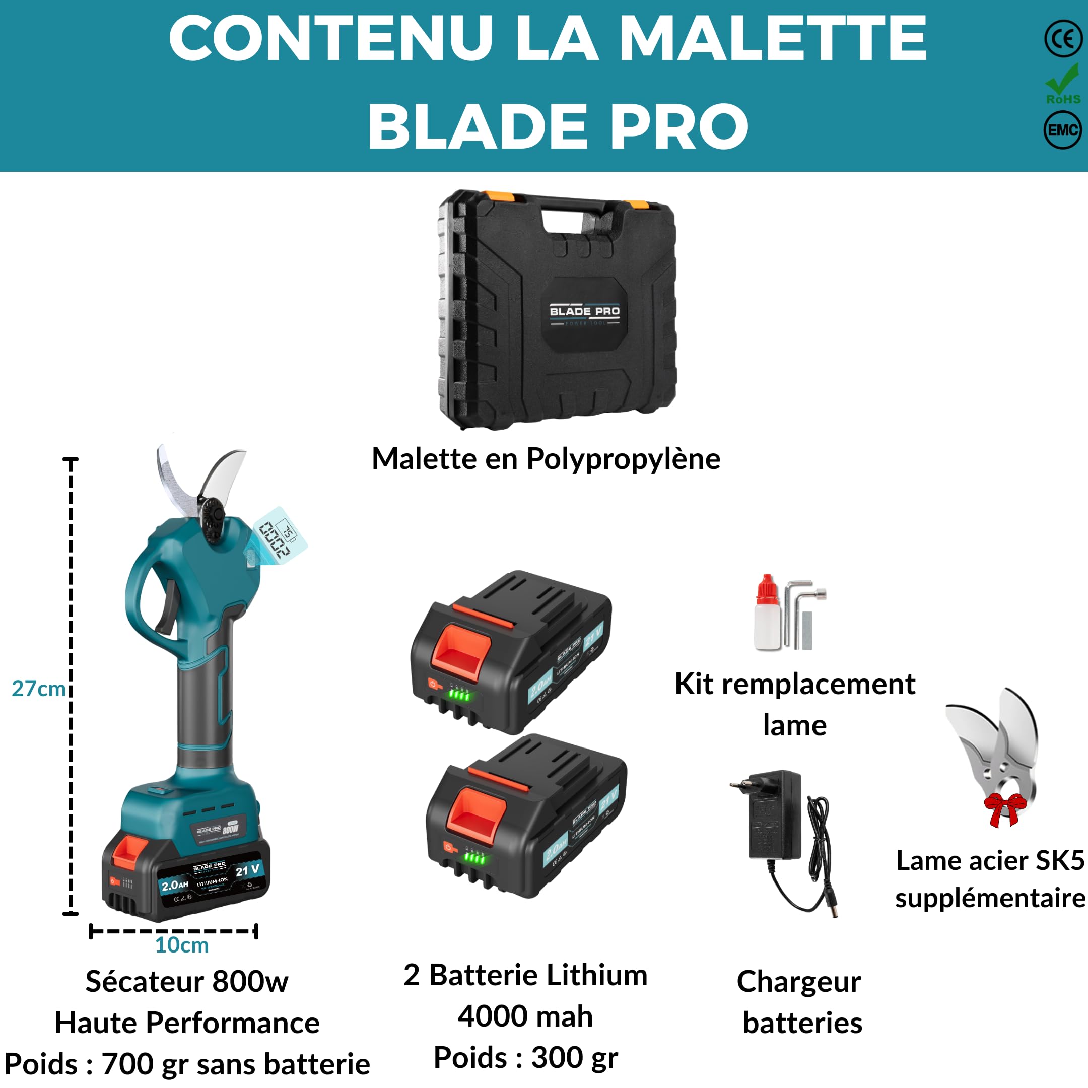 Sécateur Électrique Sans Fil 40mm - Sécateur à Batterie - 2 batteries 21V 4000mAh - Brushless 800W - Coupe Branche Professionnel - BLADEPRO