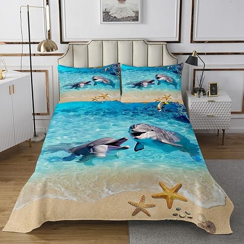 Miniatura 2 de Homewish Juego de 2 piezas de colcha con diseño de delfín, diseño de vida marina y estrellas de mar, coral, para decoración de habitación de niños,