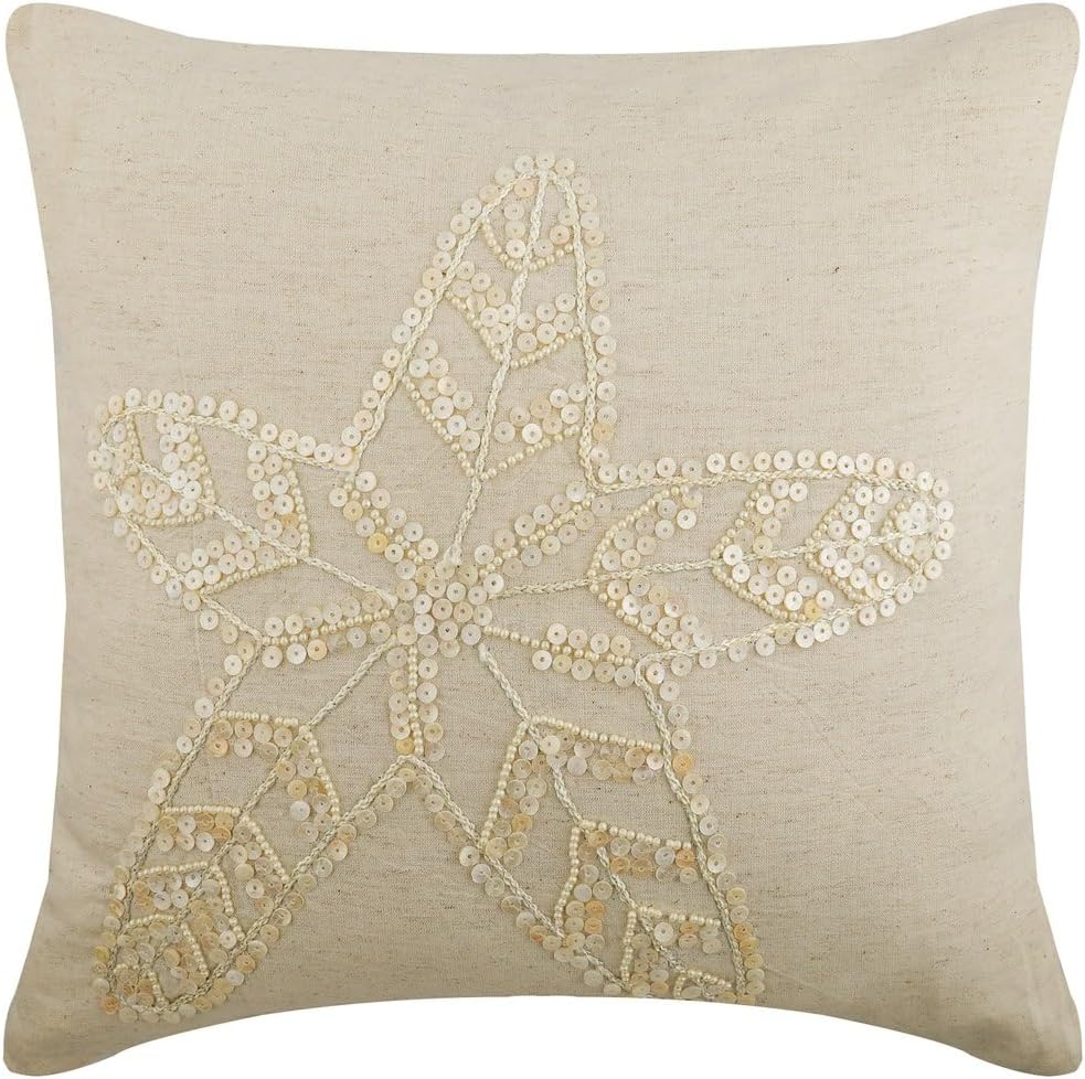 The HomeCentric Ecru Pillow case, Starfish Ocean Beach Theme Pillow Cover, 18x18 inch (45x45 cm) Throw Pillow Cover, Beach Cottage Pillow, Square Linen Pillow Cover Couch, Floral - Starfish Pearls