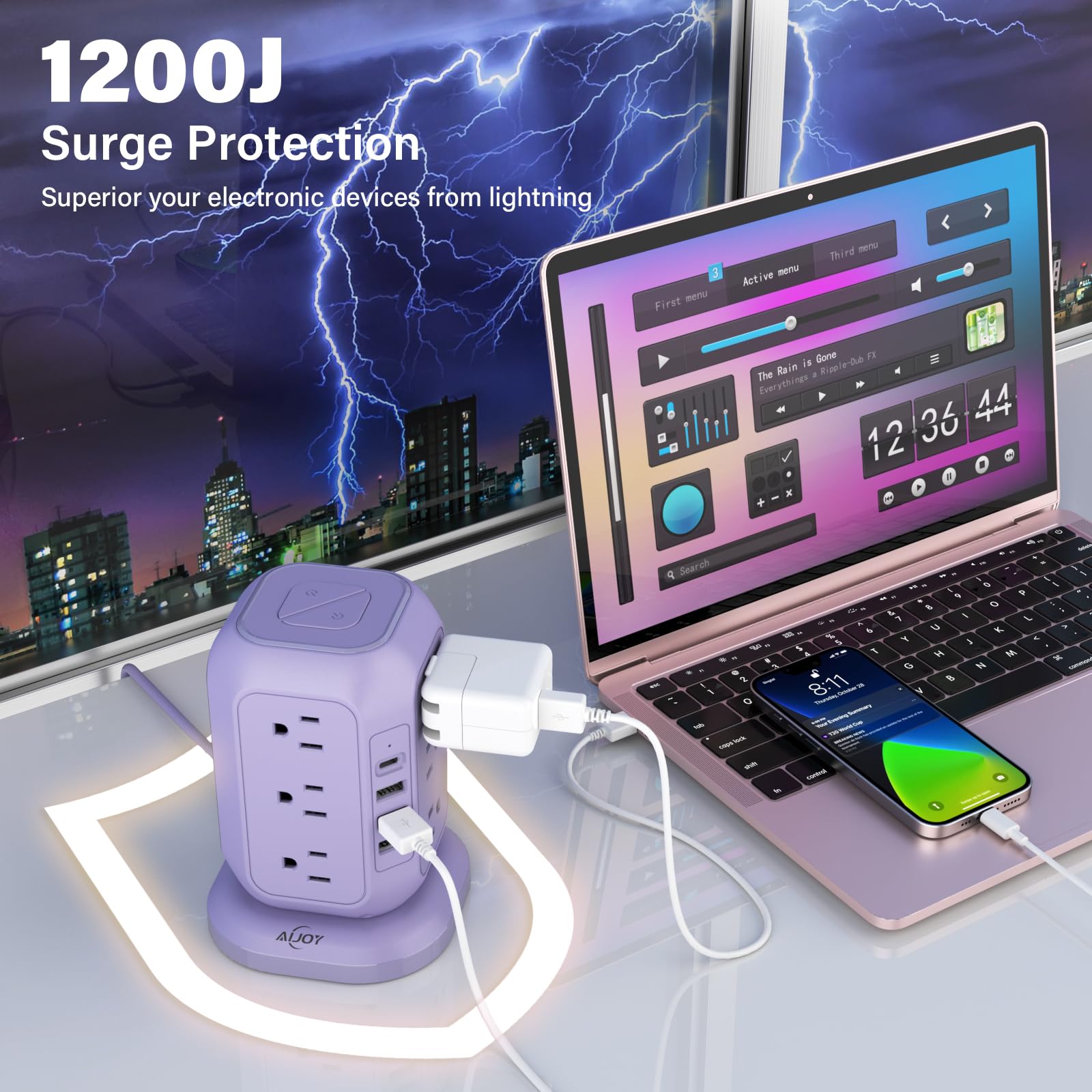 Presa di alimentazione USB C, protezione da sovratensioni con 12 prese CA e 4 porte USB, cavo di prolunga AiJoy da 10 piedi, protezione da sovratensioni per striscia di alimentazione 1200J stazione