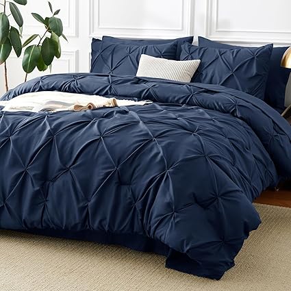 CozyLux California King Comforter Set Navy Blue - 7 Pieces Cal King Pintuck Bed in A Bag Gift for Family, Pinch Pleat Bedding Sets with All Season Comforter, Sheets, Pillowcases & Shams