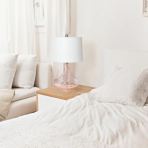 Miniatura 6 de Elegant Designs LT3214-PNK - Moderna lámpara de mesa de vidrio ondulado refinado de 24 pulgadas con pantalla cónica de lino blanco para estudio,