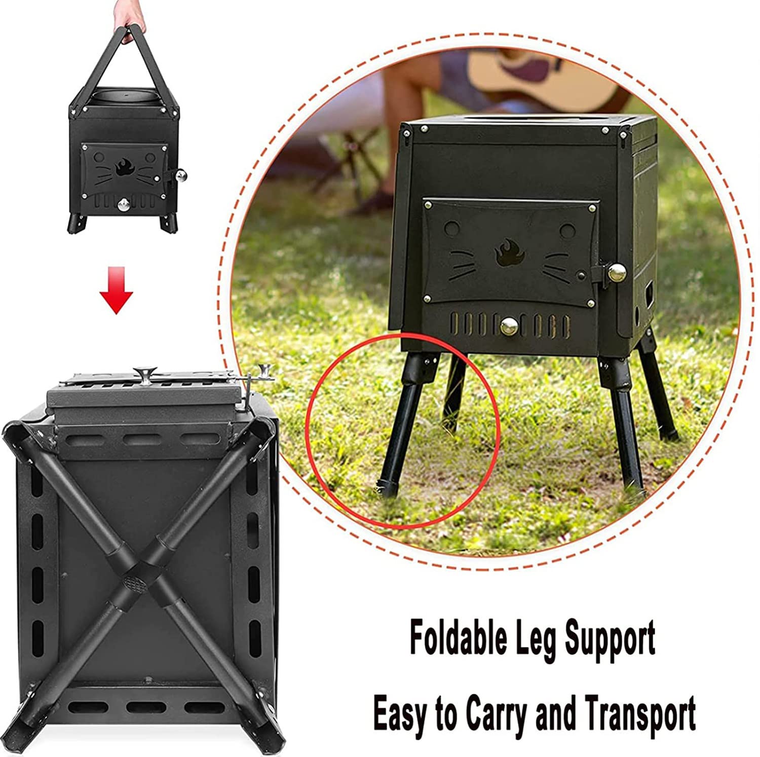 Estufa De Leña para Exteriores Estufa De Camping Plegable Portátil Calentador De Leña De Hierro Fundido para Campamento Viajes Cocina Calefacción BBQ,Silver-largesize