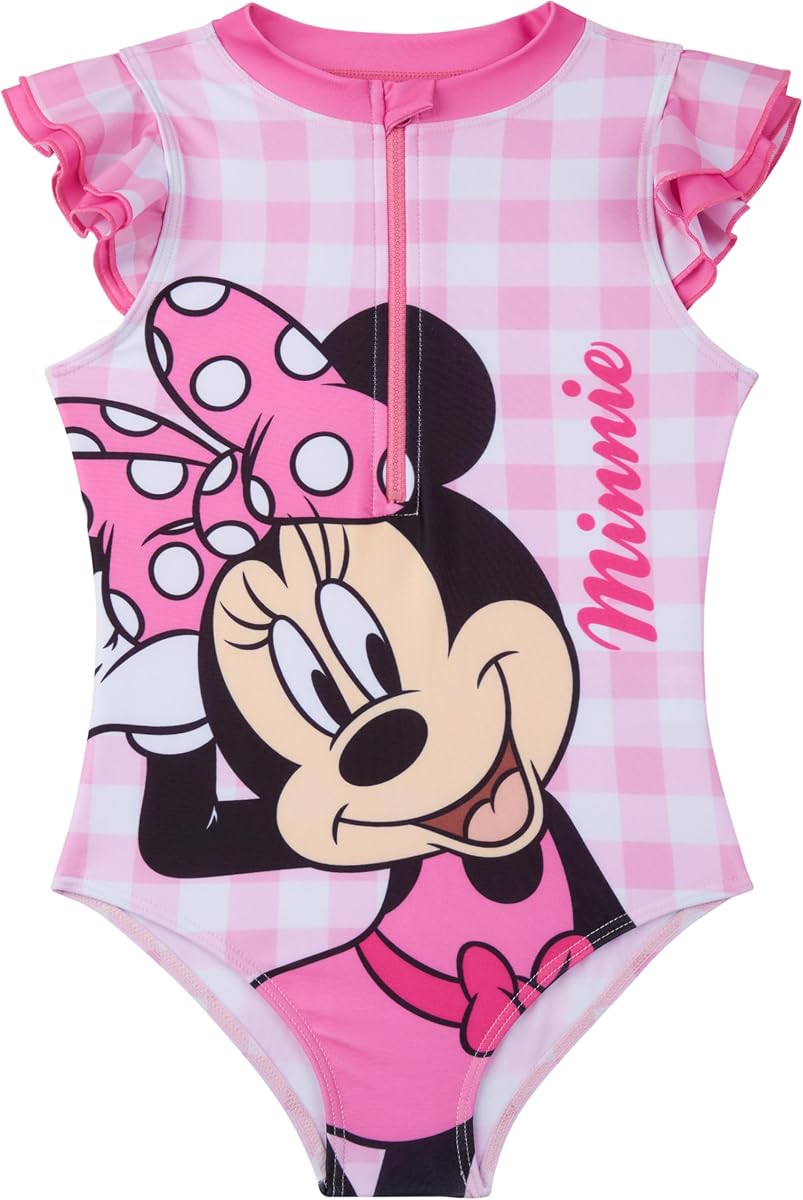 Peppa Pig | Disney Frozen | Minnie Mouse Girls Swimsuit, Ruffle One Piece Bathing Suit, Swimwear with Front Zip