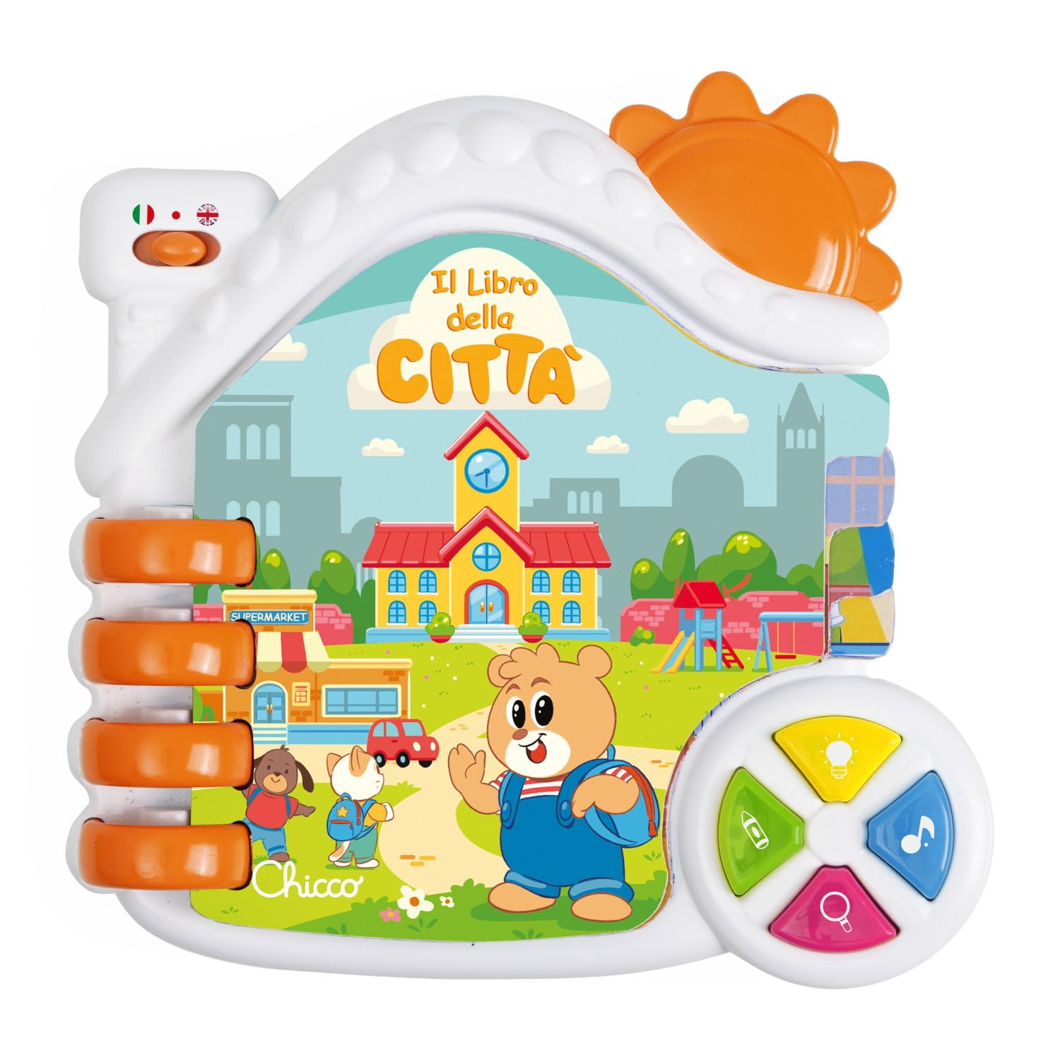 Chicco Libro Interactivo Bilingüe Ita/Ingl con 9 Páginas, Juego Educativo Primeras Palabras, Luces y Sonidos de la Ciudad, Aprendizaje Lingüístico, Juego para Niños, Centro de Actividades, 6-36 M