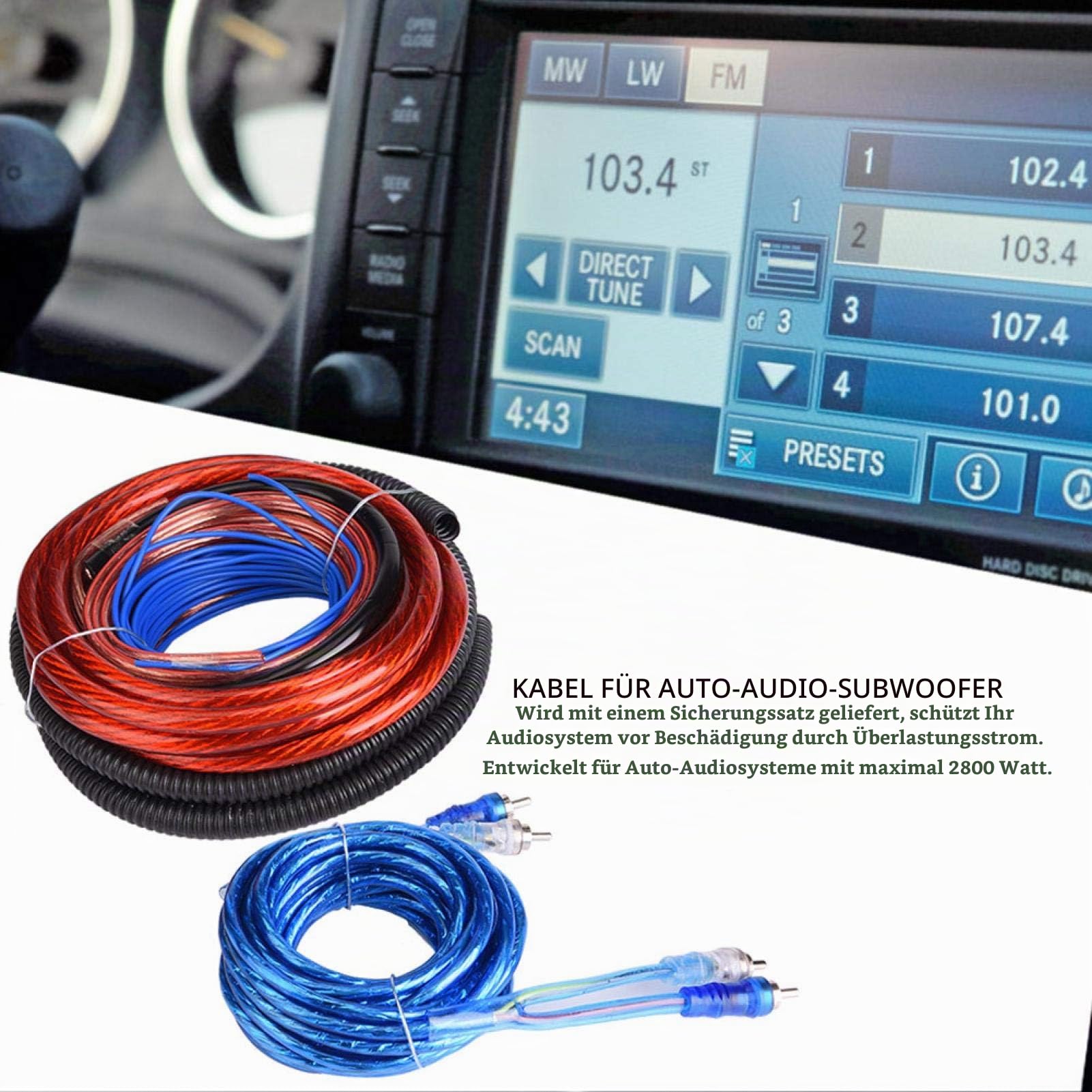 Ymiko 4 Guage 2800W Car Audio Kabel-Set - 517 cm Stromkabel, Cinch-Verbindungskabel, Sicherung - Kompatibel mit Auto-Verstärkersystemen, Autolautsprechern und Autotieftönern mit Cinch-Steckern