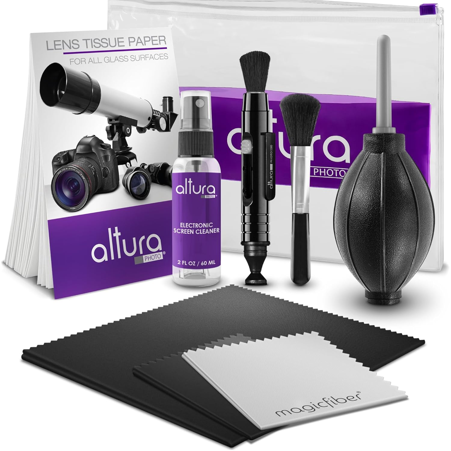 em Altura Photo Camera Cleaning Kit - Camera Accessories Electronics Bundle - Lens Cleaner Spray, Brush, Pen, Cloths, Wipes, Air Blower - DSLR Photography Accessories Lens Cleaning Kit Photographer Gifts