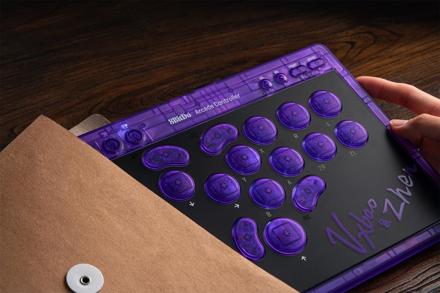 8BitDo All-Button Arcade Controller for Switch & Windows – 3 Connection Modes, Low-profile Linear Switches, 4 Programmable Buttons, Hot-swappable PCB - Transparent Purple Signature Edition