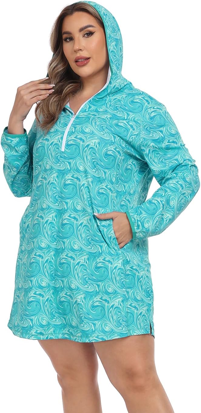 HDE Women's Plus Size Swim Coverup Dress with Hood UPF 50 Long Sleeve Cover Up