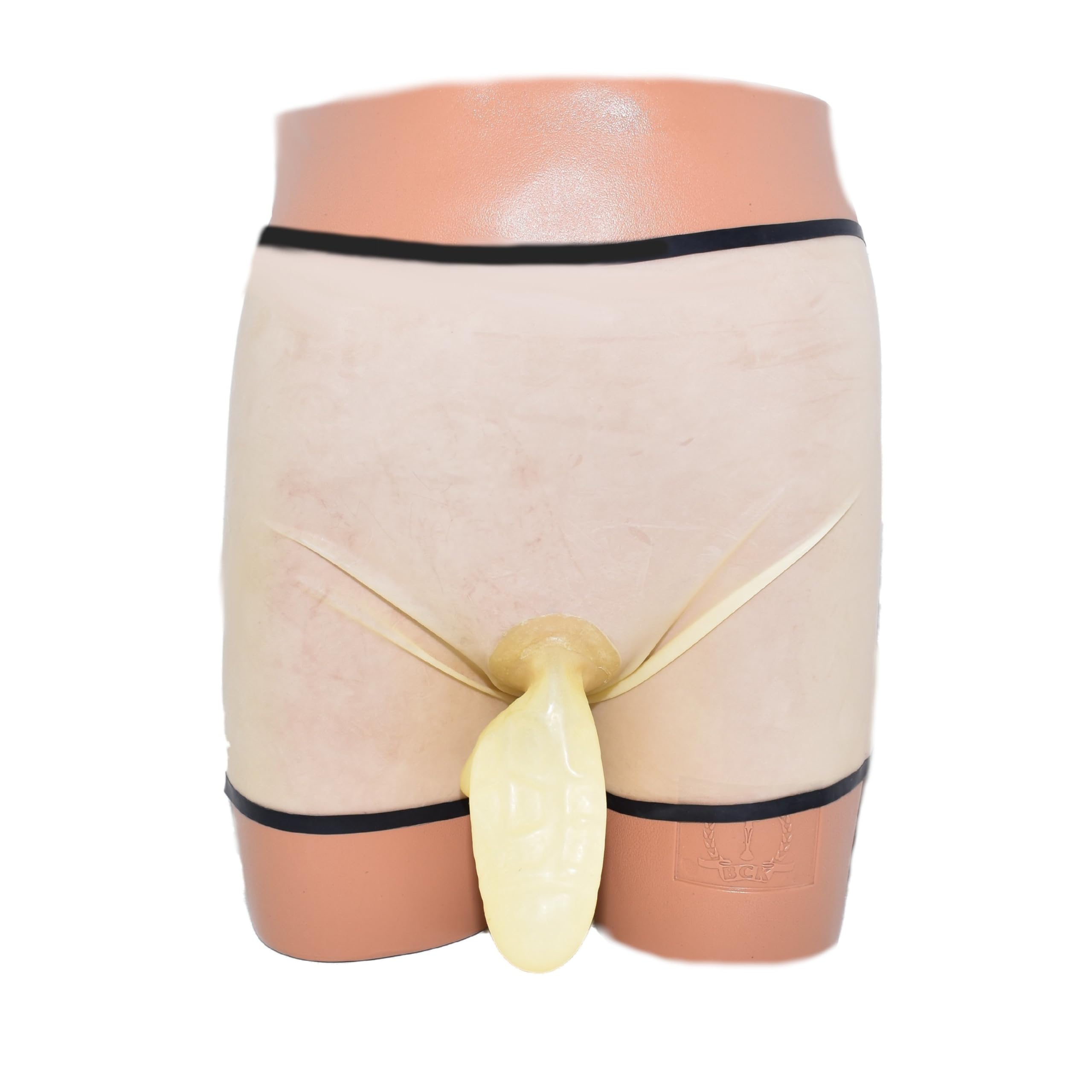 Pantalones cortos de látex con borde y condón. Talla: XXL, Transp., XXL