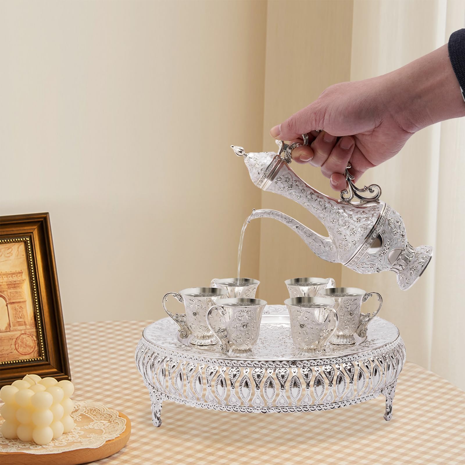 Service à Thé Européen 6 Tasses + Théière - Alliage Zinc, Design Argenté Élégant