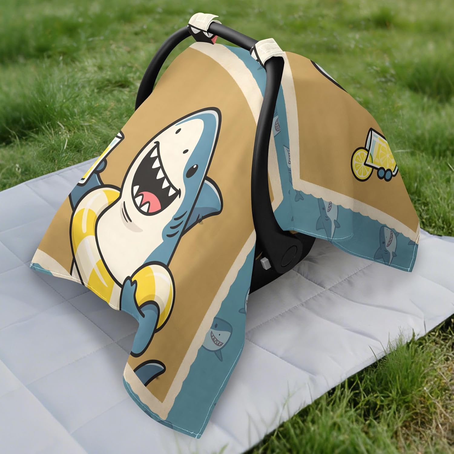 Sun Shade for Baby Strollers UV Protection Stroller Bassinet Cover,Travel Accessories Cartoon Shark Drinking A Beverage