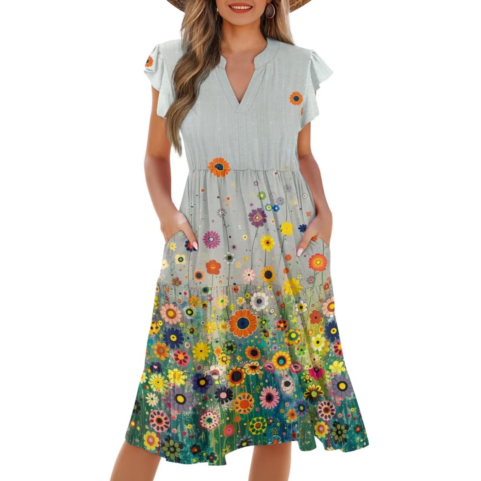 Womens Summer Dress Ruffle Sleeve V Neck Dress Casual Fit Flowy Beach Vacation Sundress with Pocket S-2XL