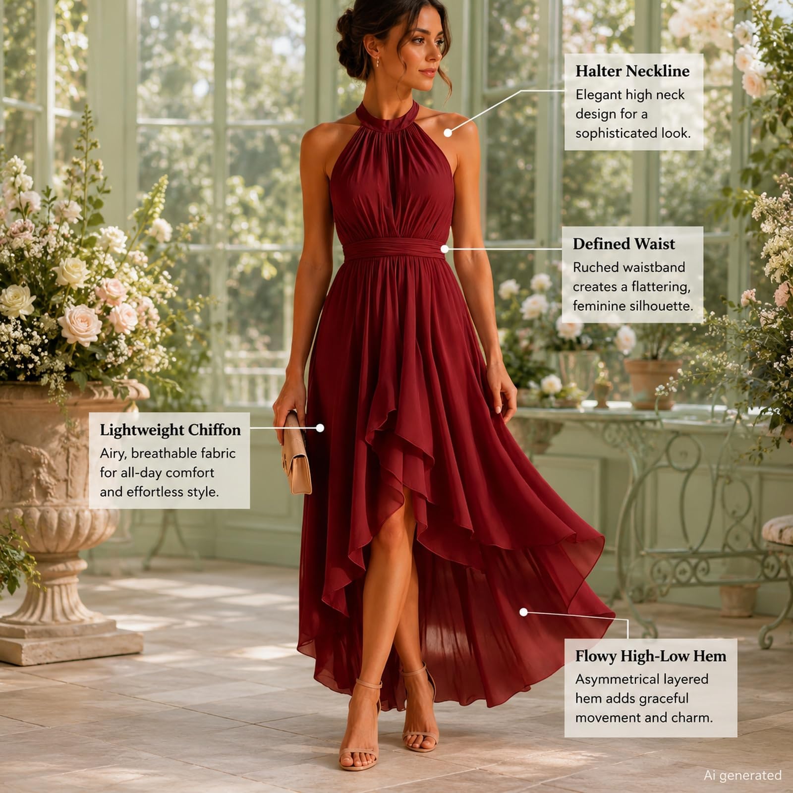 Abito da donna in chiffon, con scollo all'americana, abito da cerimonia