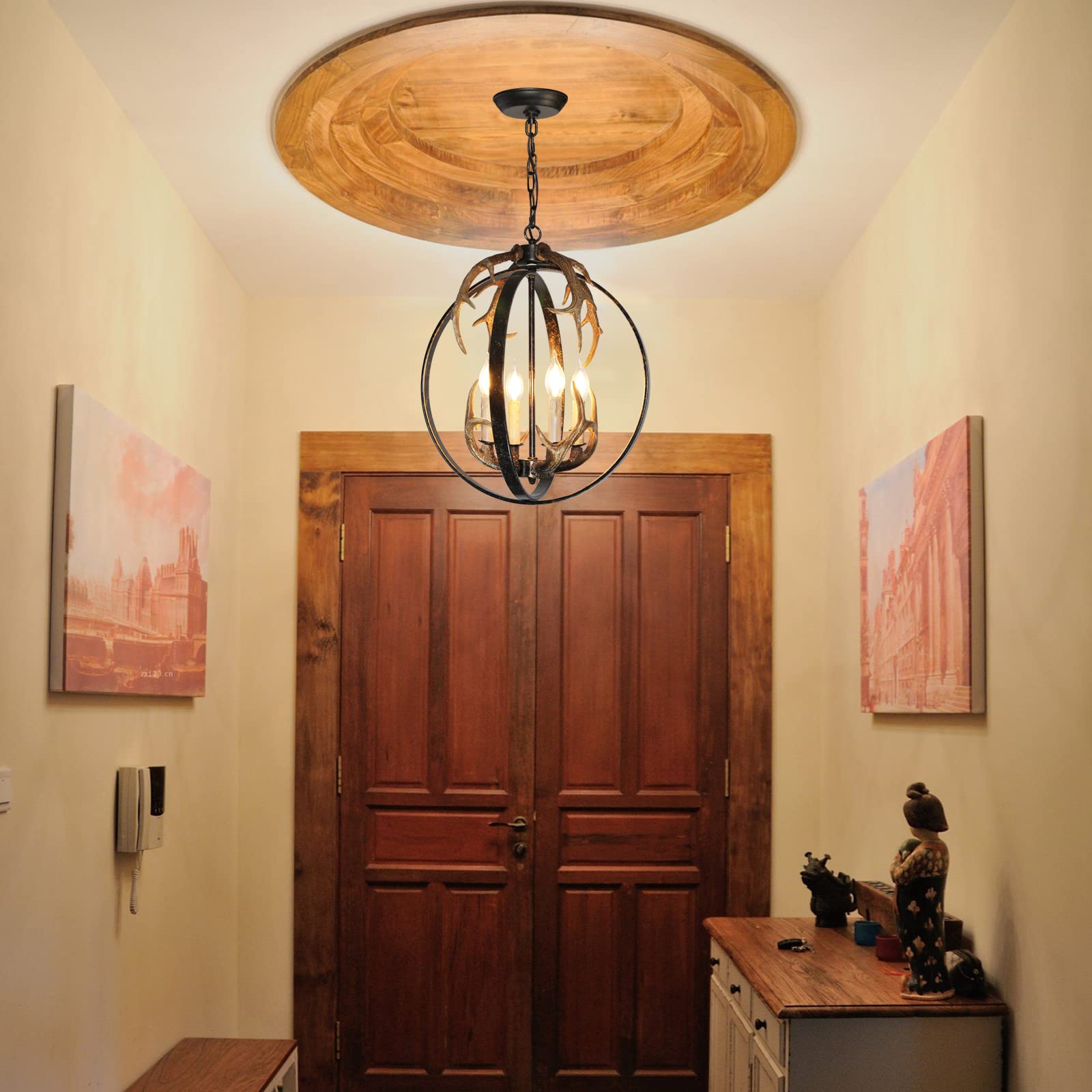 RAIKAGE Antler Chandeliers, 18 "Black Ball Shaped Chandelier, 4-Light Iron Resin Chandelier, Farmhouse Chandelier, Suitable for Foyer, Restaurant, Kitchen, Living Room, Bedroom, Coffee bar