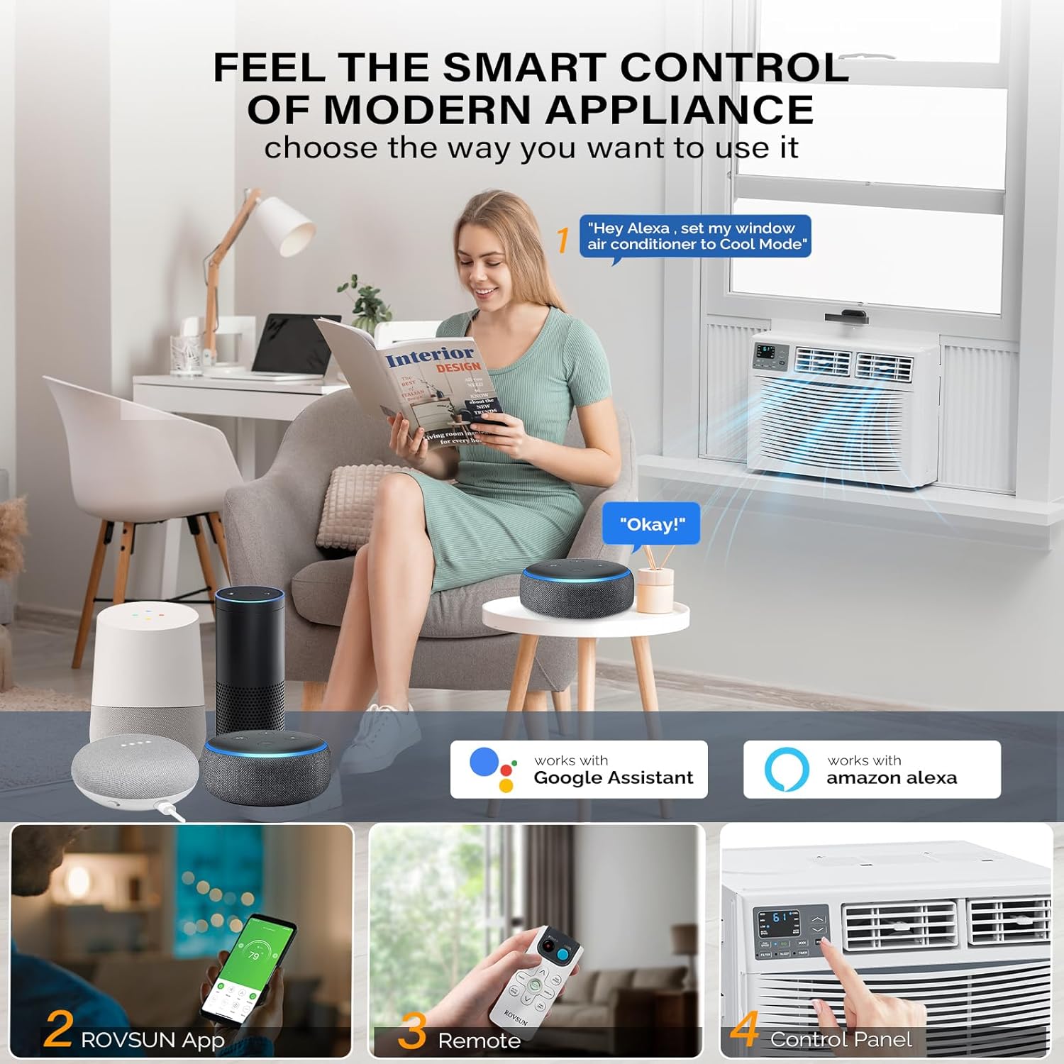 ROVSUN Smart 12000 BTU Window Air Conditioner with WiFi, Energy Saving Window AC Unit with Remote & App Control, Timer Function & Easy Install Kit, for Rooms up to 550 Square Feet, 115V/60Hz, White