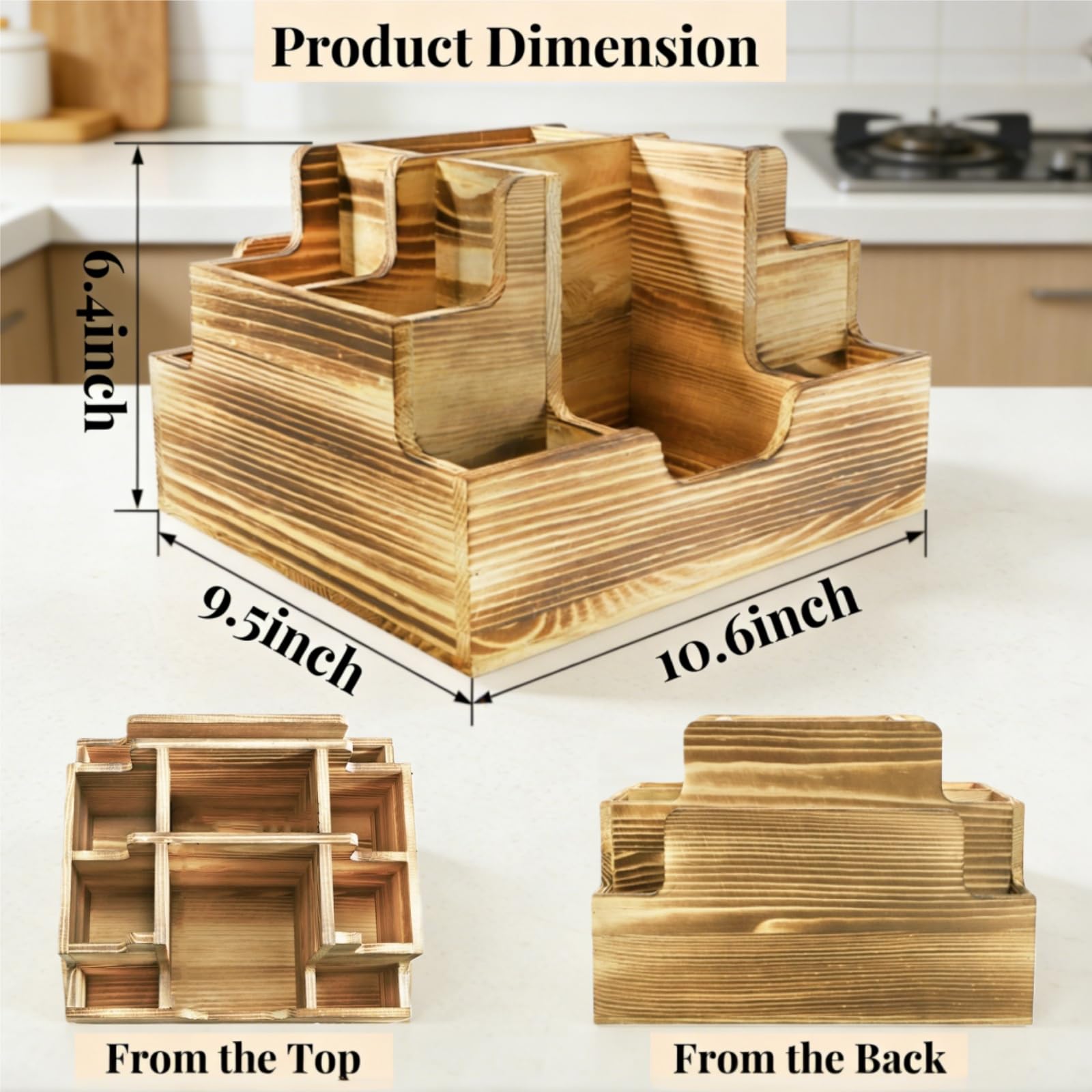 ZAVOOS Organizador de cubiertos para fiestas, soporte de utensilios de madera con 9 compartimentos para encimera de cocina, cubiertos de almacenamiento, organizador de platos de papel, servilleteros