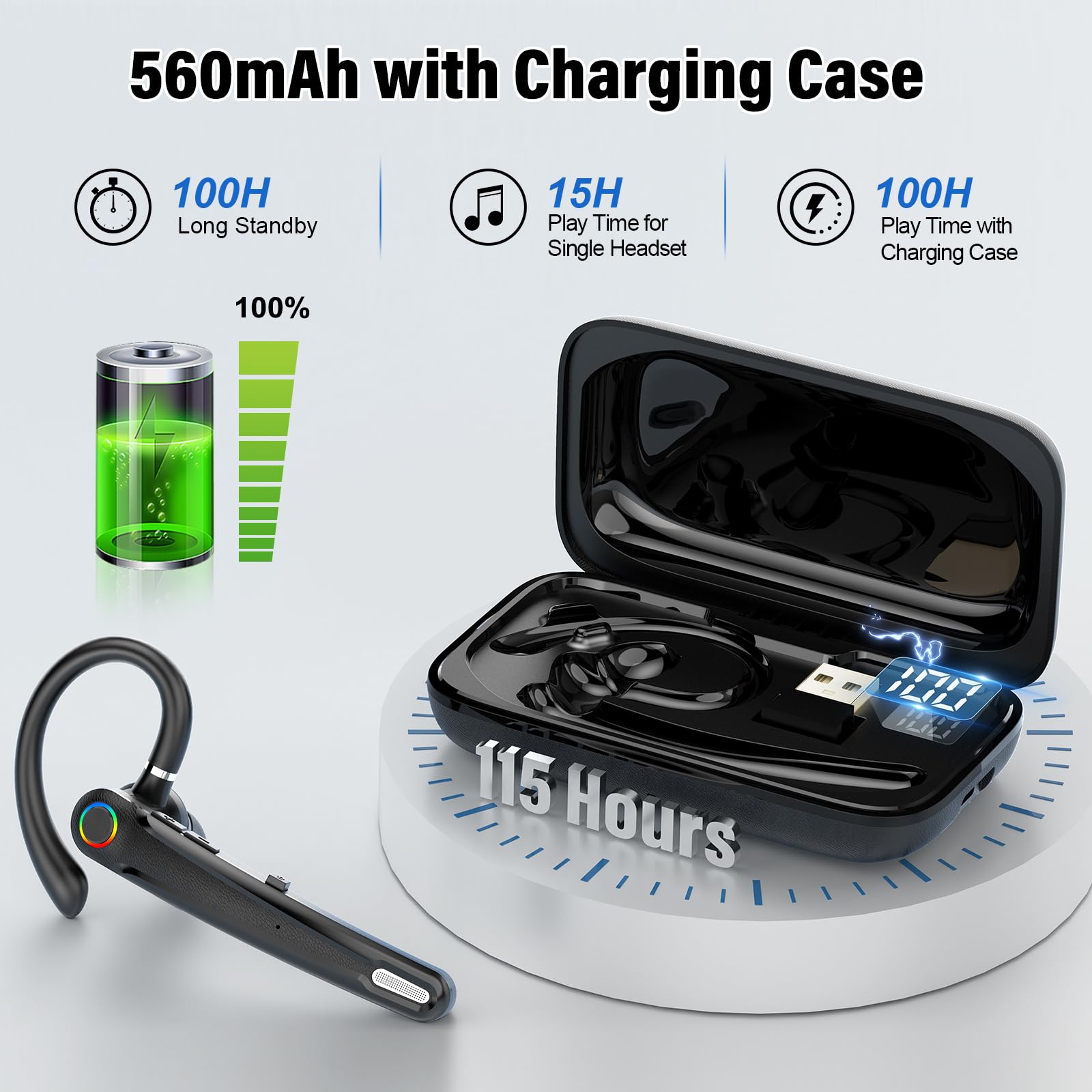 Atheewon Auricolare Bluetooth V5.4, Cuffie Vivavoce Wireless | ENC Doppio Microfono Antirumore, Silenziamento, Connessione Due Dispositivi, 115Ore Cuffie Bluetooth, Adattatore USB Computer
