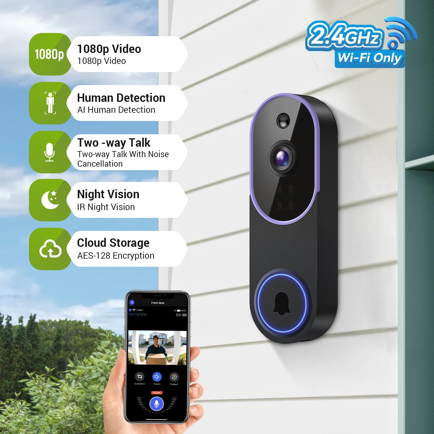 1080P Wireless Video Doorbell Camera, Outdoor Surveillance Cameras, FHD Live View, Cloud Storage, AI Human Detection, Instant Alert, Night Vision, Two Way Audio, 2.4G WiFi Only (Purple) - 2