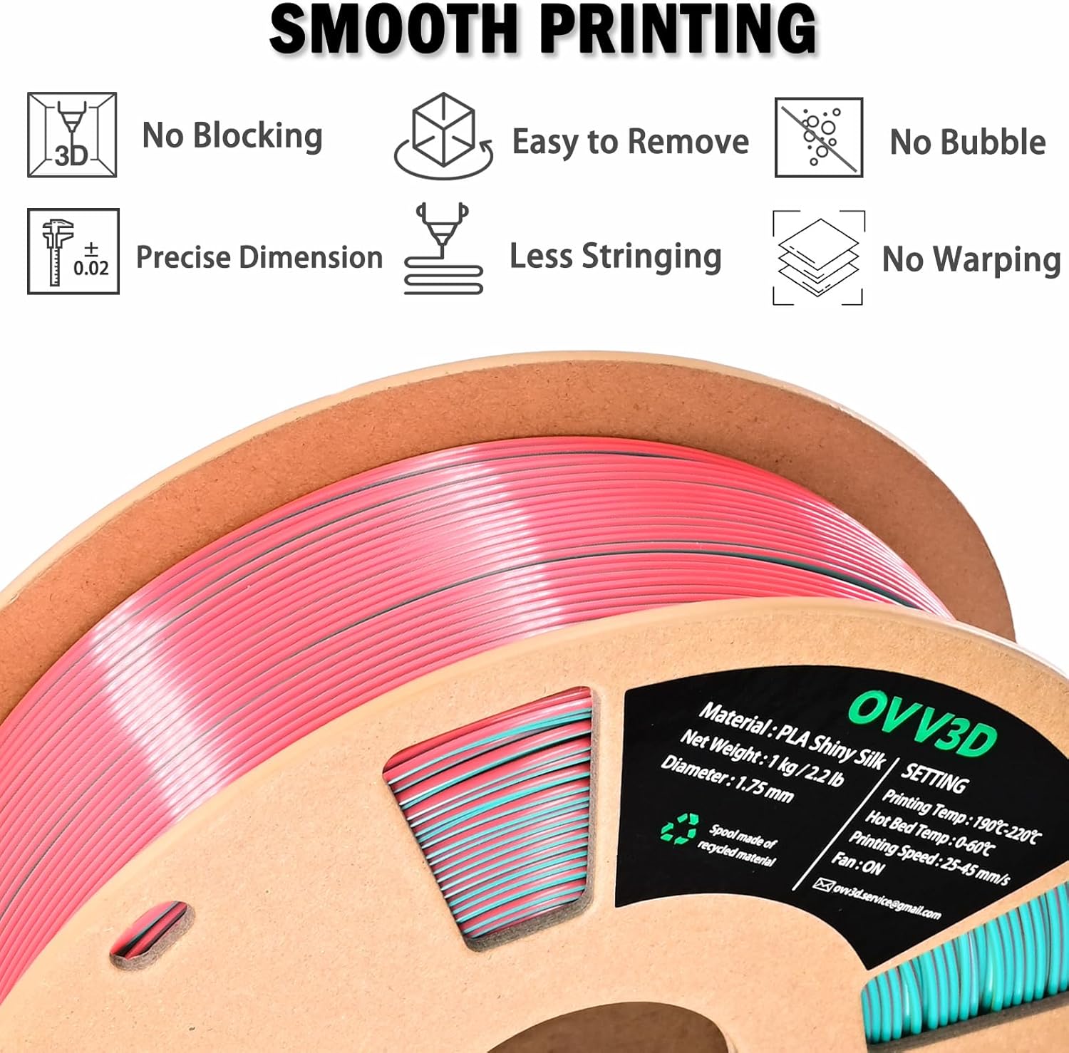 OVV3D PLA Filament 1.75mm Tri-Colors, 3D Printer Filament Silk PLA Filament, Rainbow PLA Filament with Silk PLA Sky Blue, Pink and Yellow, 3D Printing Filament +/-0.02mm, 1kg/2.2lbs - Image 5