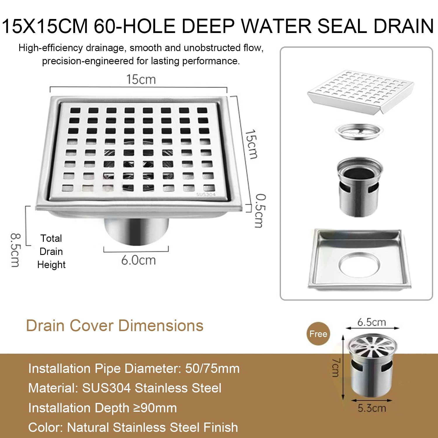 Caniveau de douche carré - 15 x 15 cm - Drain de douche - Siphon 360° avec filtre anti-odeurs et filtre à cheveux - 2 en 1 - Pince en acier inoxydable - Pour salle de bain, cave, intérieur et